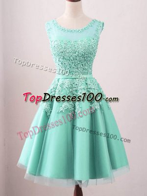 Deluxe Scoop Sleeveless Bridesmaid Dress Knee Length Lace Turquoise Tulle