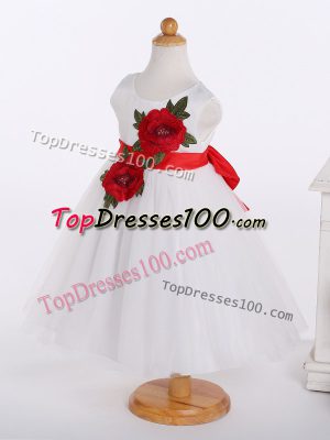 White Scoop Neckline Bowknot and Hand Made Flower Little Girls Pageant Dress Wholesale Sleeveless Zipper