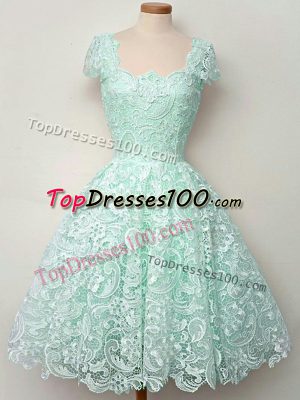 Apple Green Cap Sleeves Lace Knee Length Bridesmaid Dresses