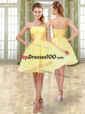 Mini Length Yellow Oscars Dresses Organza Sleeveless Beading and Ruching
