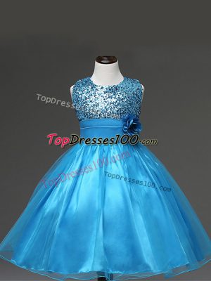 Baby Blue Sleeveless Sequins and Hand Made Flower Knee Length Party Dress for Toddlers