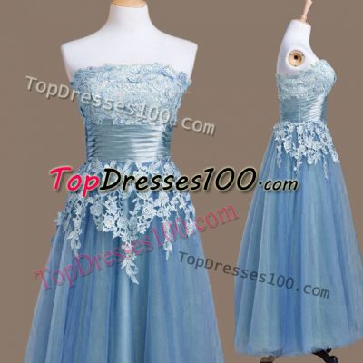 Artistic Blue Sleeveless Tea Length Appliques Lace Up Bridesmaid Gown