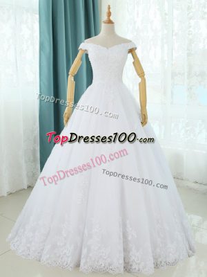 Trendy White A-line Off The Shoulder Sleeveless Tulle Floor Length Lace Up Lace and Appliques Wedding Gowns