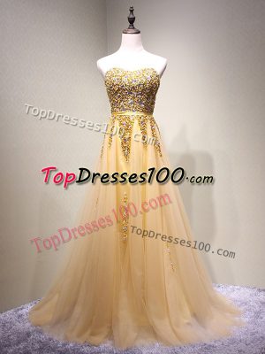 Champagne Tulle Lace Up Prom Party Dress Sleeveless Floor Length Beading