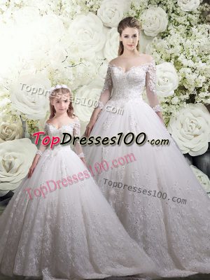 Eye-catching Chapel Train Ball Gowns Ball Gown Prom Dress White Off The Shoulder Tulle Half Sleeves Zipper