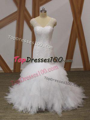 Popular Sleeveless Brush Train Lace Up Beading and Ruffles Wedding Gowns