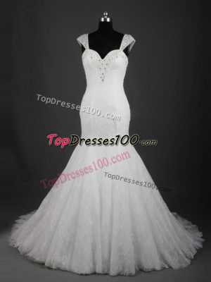 Straps Sleeveless Lace Up Bridal Gown White Lace