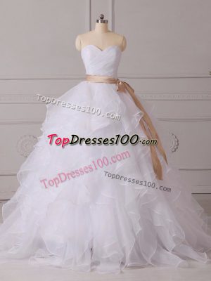 Best Selling Beading and Ruffles and Sashes ribbons Wedding Gowns White Lace Up Sleeveless Brush Train