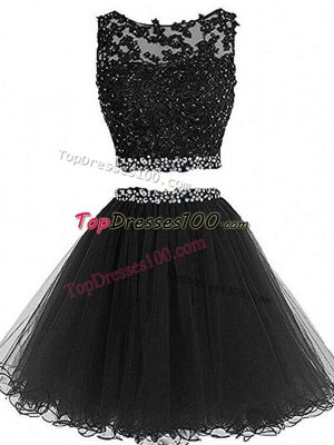 Black Tulle Zipper Scoop Sleeveless Mini Length Prom Gown Beading and Lace and Appliques