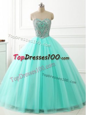 Apple Green Ball Gowns Sweetheart Sleeveless Tulle Floor Length Lace Up Beading Quince Ball Gowns