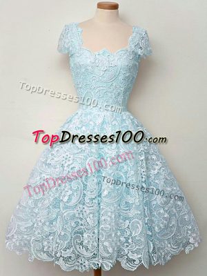 Wonderful Aqua Blue Lace Up Straps Lace Bridesmaids Dress Lace Cap Sleeves