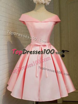 Baby Pink Taffeta Lace Up Off The Shoulder 3 4 Length Sleeve Knee Length Court Dresses for Sweet 16 Belt