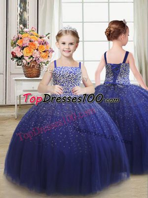 Excellent Royal Blue Tulle Lace Up Straps Sleeveless Floor Length Little Girls Pageant Dress Beading
