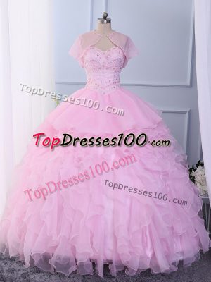 Pink Sleeveless Floor Length Beading and Ruffles Lace Up Sweet 16 Dresses