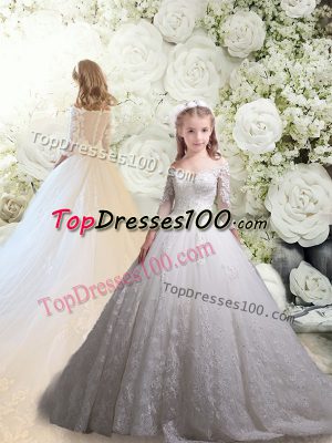 Dramatic Tulle 3 4 Length Sleeve Flower Girl Dress Chapel Train and Lace