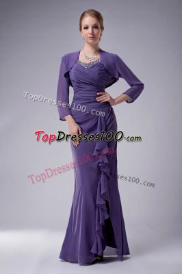 Dynamic Purple Mermaid Chiffon Straps Sleeveless Beading Floor Length Zipper Mother of Groom Dress