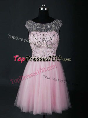 Inexpensive Beading Prom Evening Gown Baby Pink Lace Up Short Sleeves Mini Length