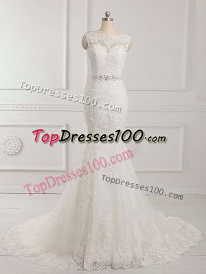 Comfortable White Sleeveless Brush Train Beading and Lace and Appliques Bridal Gown