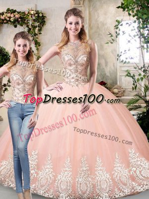 Scoop Sleeveless Lace Up Quinceanera Gowns Peach Tulle