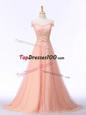 Peach Going Out Dresses Prom and Party and Military Ball and Sweet 16 with Beading and Lace and Belt Off The Shoulder Sleeveless Brush Train Lace Up