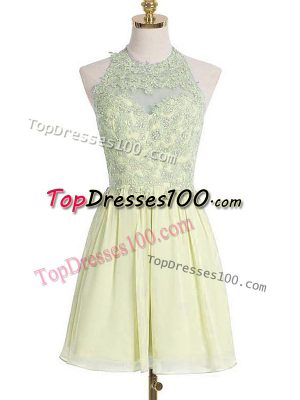 Knee Length Light Yellow Wedding Party Dress Halter Top Sleeveless Lace Up
