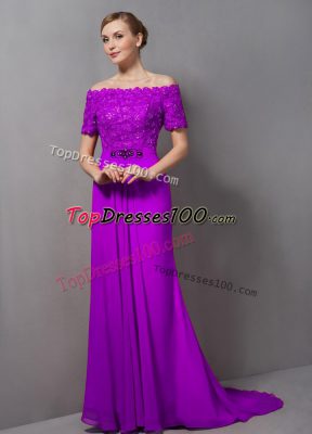 Custom Made Purple Off The Shoulder Zipper Lace Mother of Groom Dress Sweep Train Short Sleeves
