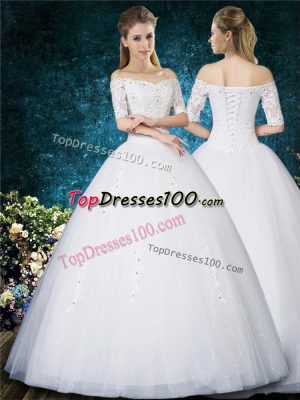 Exceptional White Ball Gowns Off The Shoulder Half Sleeves Tulle Floor Length Lace Up Beading and Appliques and Embroidery Bridal Gown