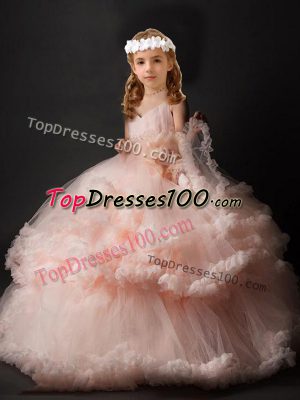Dramatic Pink Ball Gowns Tulle V-neck Sleeveless Hand Made Flower Criss Cross Little Girls Pageant Dress Wholesale Brush Train