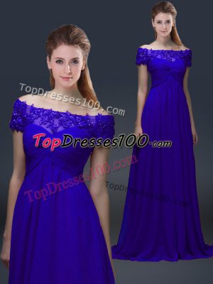Excellent Knee Length Empire Short Sleeves Blue Mother of Groom Dress Lace Up
