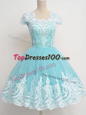 Aqua Blue Zipper Bridesmaid Dress Lace Cap Sleeves Knee Length