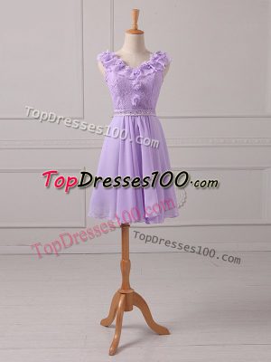 Glittering V-neck Sleeveless Lace Up Bridesmaids Dress Lavender Chiffon