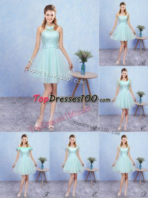 Adorable Aqua Blue Lace Up Halter Top Appliques Bridesmaid Dresses Tulle Cap Sleeves