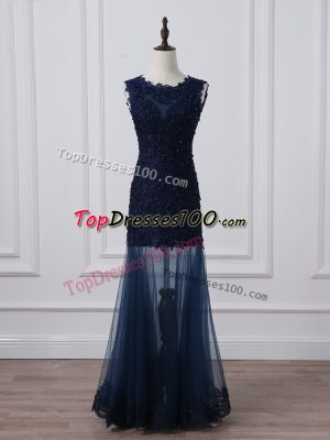 Flare Sleeveless Floor Length Lace and Appliques Lace Up Mother of the Bride Dress with Navy Blue