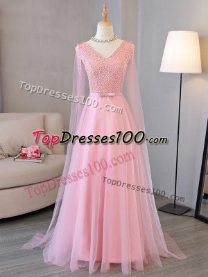 Baby Pink V-neck Neckline Beading Prom Party Dress Long Sleeves Lace Up