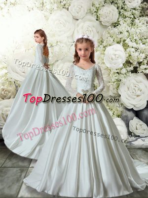 Taffeta Long Sleeves Flower Girl Dress Brush Train and Lace