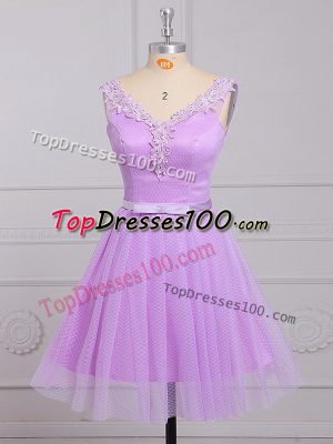Elegant V-neck Sleeveless Lace Up Bridesmaid Gown Lilac Lace