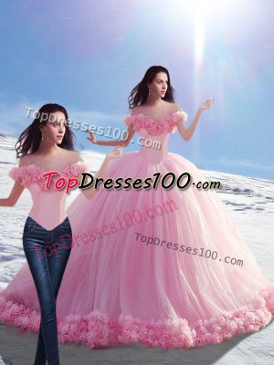 Off The Shoulder Sleeveless Sweet 16 Quinceanera Dress Brush Train Hand Made Flower Baby Pink Tulle