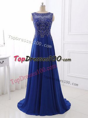 Pretty Bateau Sleeveless Chiffon Dress for Prom Beading Sweep Train Side Zipper