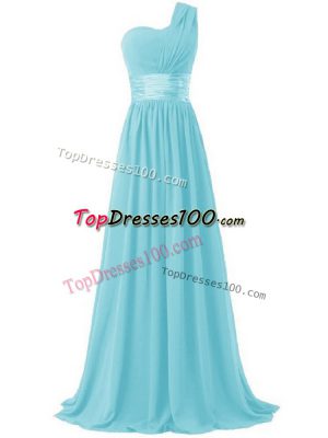 Inexpensive Empire Dama Dress Aqua Blue One Shoulder Chiffon Sleeveless Floor Length Lace Up