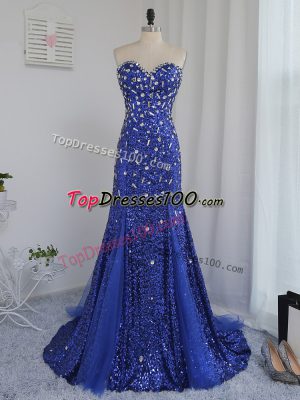 Royal Blue Tulle and Sequined Zipper Sweetheart Sleeveless Brush Train Beading and Sequins