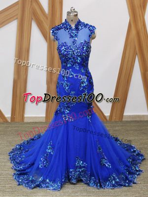 High Quality Tulle Sleeveless Evening Party Dresses Brush Train and Lace and Appliques