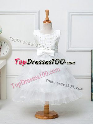 White Pageant Gowns For Girls Wedding Party with Ruffled Layers and Bowknot Scoop Sleeveless Zipper