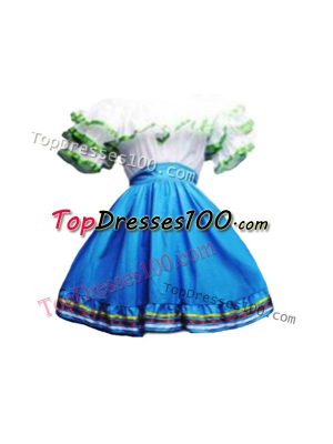 Ideal Scoop Short Sleeves Mini Length Ruffles Blue And White Taffeta