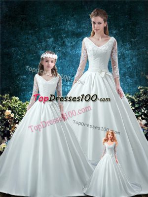 Romantic V-neck 3 4 Length Sleeve Chapel Train Lace Up Sweet 16 Dress White Satin