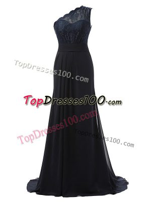 Clearance Chiffon One Shoulder Sleeveless Brush Train Side Zipper Lace Bridesmaid Dresses in Black