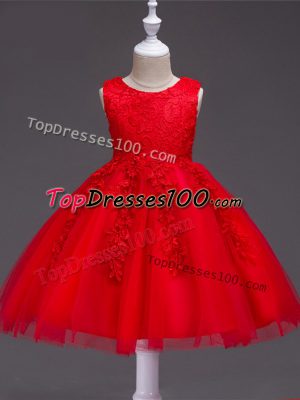 Latest Red Ball Gowns Scoop Sleeveless Tulle Knee Length Zipper Appliques Flower Girl Dresses for Less