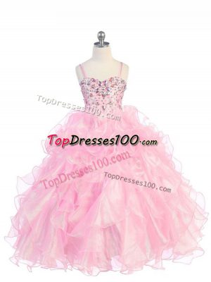 Sleeveless Organza Floor Length Lace Up Little Girls Pageant Gowns in Baby Pink with Beading and Ruffles