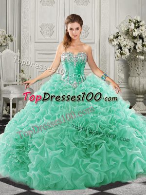 Fine Lace Up Quinceanera Gowns Apple Green for Military Ball and Sweet 16 and Quinceanera with Beading and Ruffles Court Train