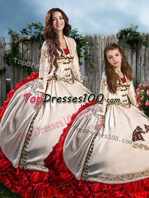 Ball Gowns Long Sleeves White And Red Quinceanera Dresses Brush Train Lace Up