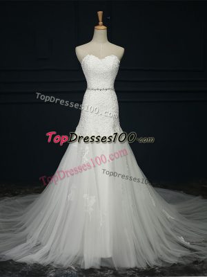 White Mermaid Tulle Sweetheart Sleeveless Lace and Belt Lace Up Wedding Dress Court Train